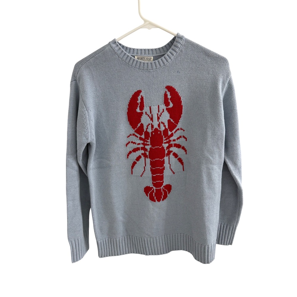 Mighty Fine Womens Light Blue Red Lobster Graphic Knit Sweater XS NWT